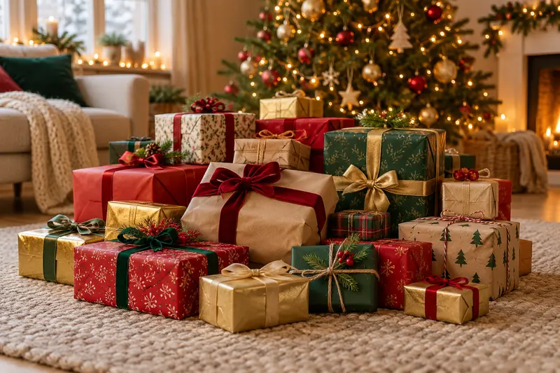 A heap of mismatched wrapped gifts on a rug in front of a Christmas tree