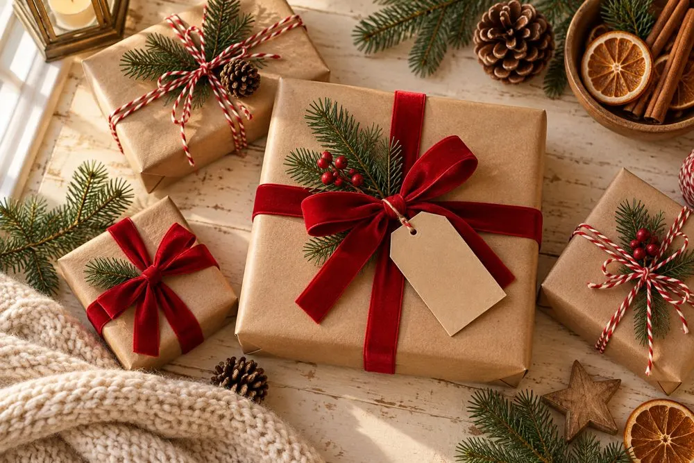 Kraft-wrapped gifts tied with red velvet ribbon, pine sprigs and pinecones